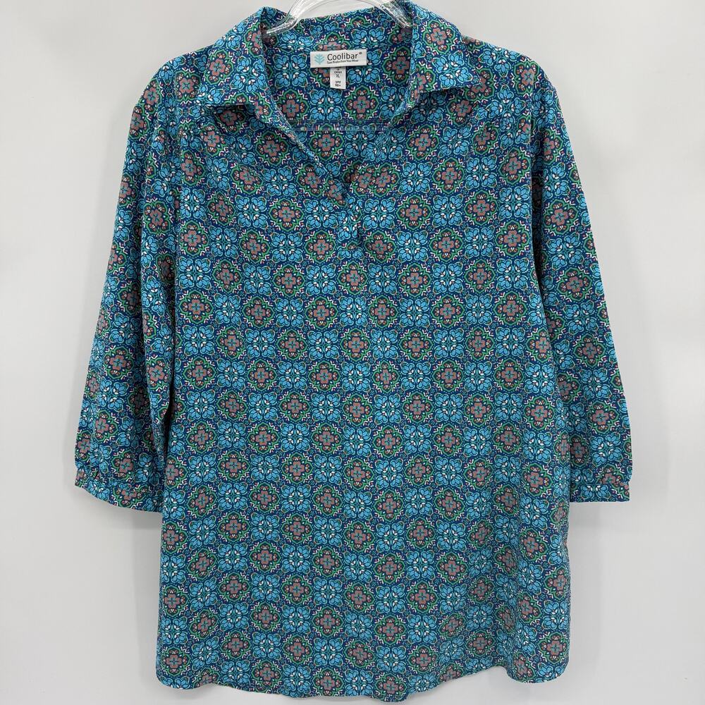 Coolibar Women's Teal & Blue Patterned Long Sleeve Collared Top